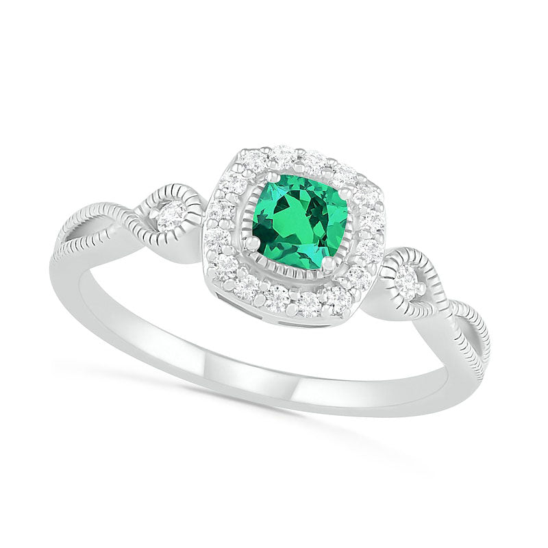 Image of ID 1 40mm Cushion-Cut Lab-Created Emerald and White Sapphire Frame Infinity Shank Antique Vintage-Style Ring in Sterling Silver