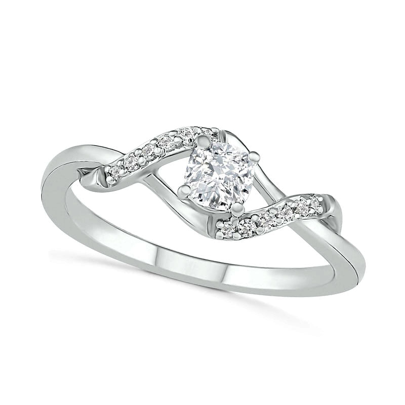 Image of ID 1 40mm Cushion-Cut Lab-Created White Sapphire Bypass Twist Shank Ring in Sterling Silver