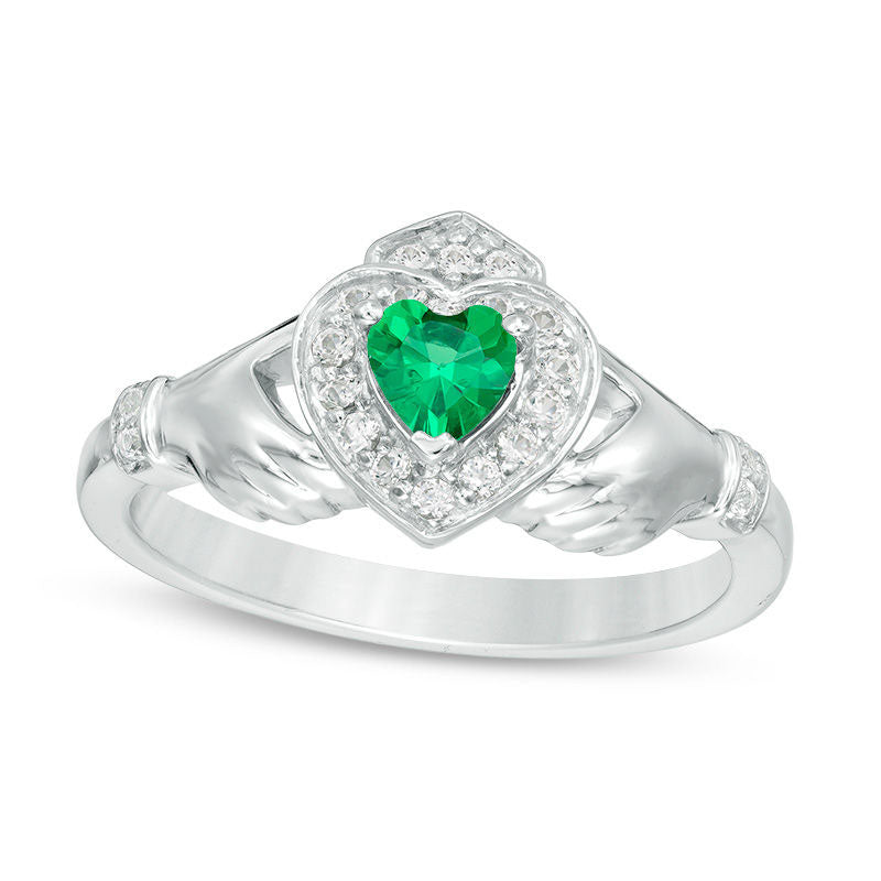 Image of ID 1 40mm Heart-Shaped Lab-Created Emerald and White Sapphire Claddagh Ring in Sterling Silver