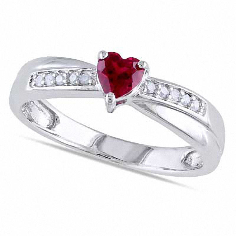 Image of ID 1 40mm Heart-Shaped Lab-Created Ruby and 005 CT TW Diamond Promise Ring in Sterling Silver