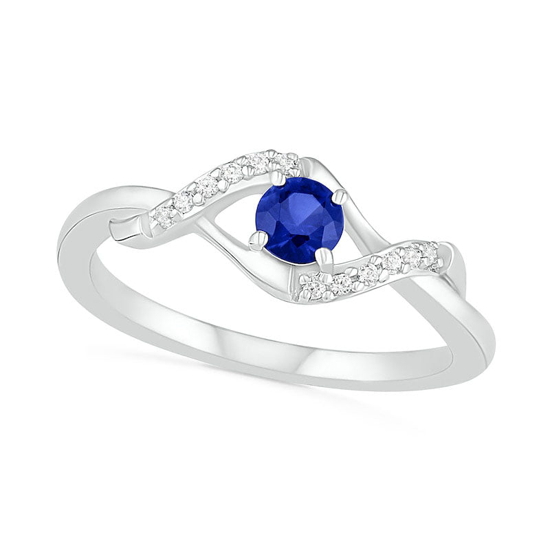 Image of ID 1 40mm Lab-Created Blue Sapphire and 005 CT TW Diamond Bypass Swirl Frame Ring in Sterling Silver