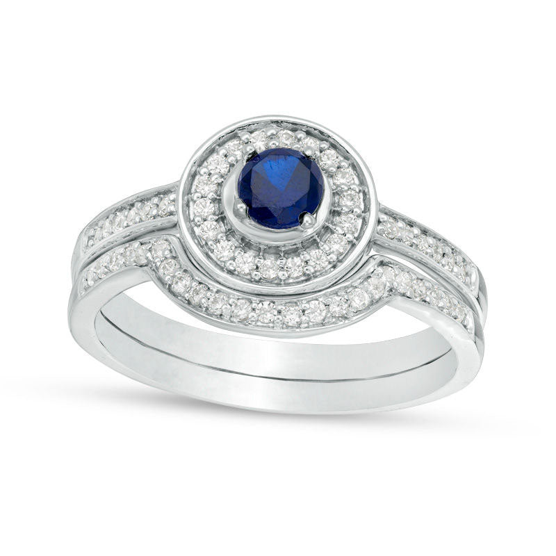 Image of ID 1 40mm Lab-Created Blue Sapphire and 025 CT TW Diamond Frame Bridal Engagement Ring Set in Solid 10K White Gold