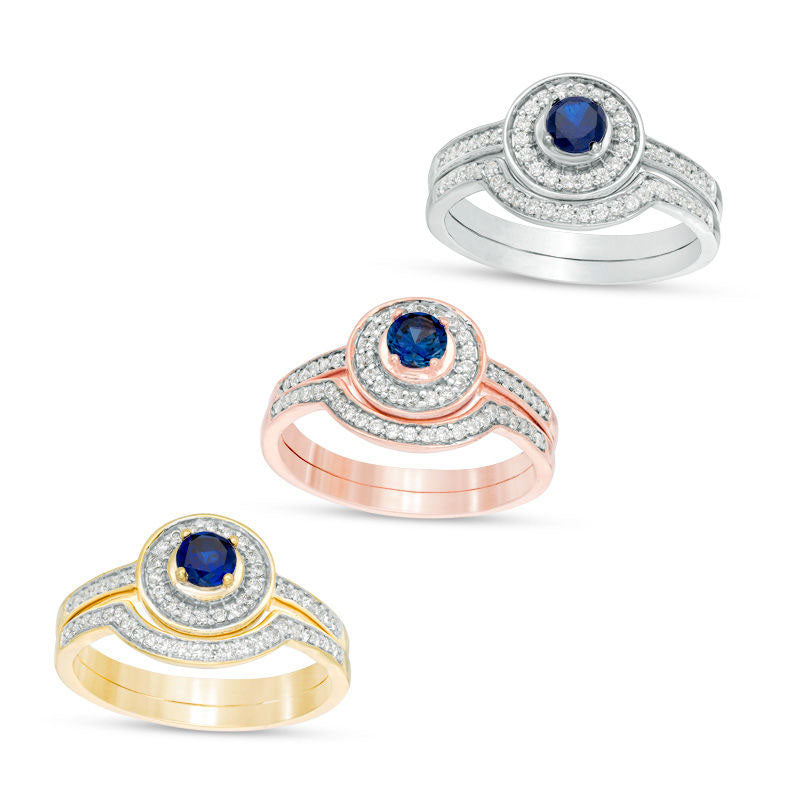 Image of ID 1 40mm Lab-Created Blue Sapphire and 025 CT TW Diamond Frame Bridal Engagement Ring Set in Solid 10K White Yellow or Rose Gold