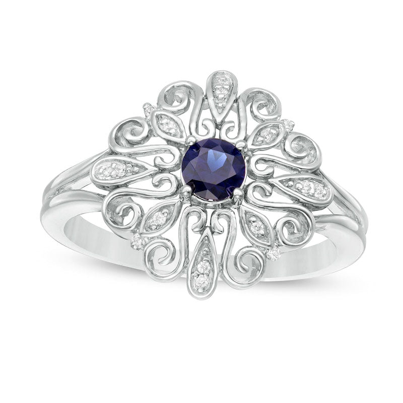 Image of ID 1 40mm Lab-Created Blue Sapphire and Diamond Accent Filigree Scroll Split Shank Ring in Sterling Silver