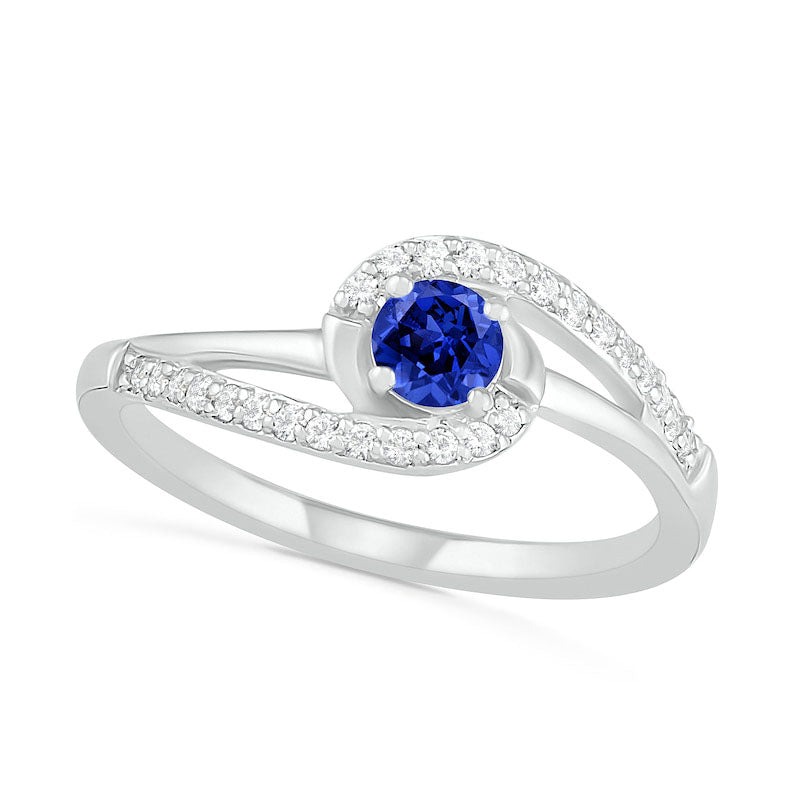 Image of ID 1 40mm Lab-Created Blue and White Sapphire Bypass Swirl Frame Split Shank Ring in Sterling Silver