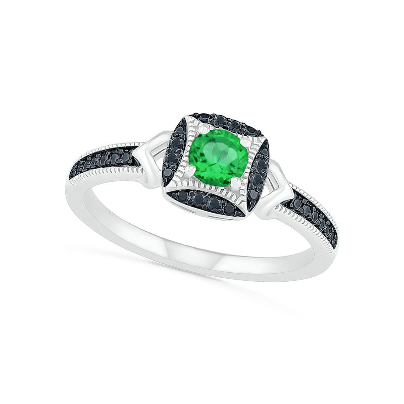 Image of ID 1 40mm Lab-Created Emerald and 005 CT TW Enhanced Black Diamond Cushion Frame Antique Vintage-Style Ring in Sterling Silver