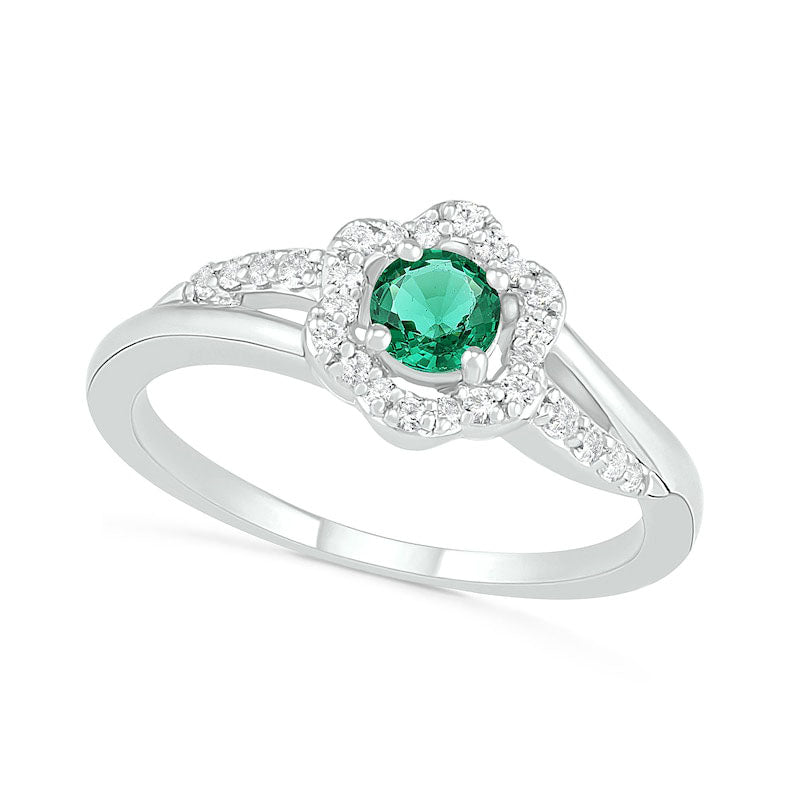 Image of ID 1 40mm Lab-Created Emerald and White Sapphire Frame Bypass Split Shank Flower Ring in Sterling Silver