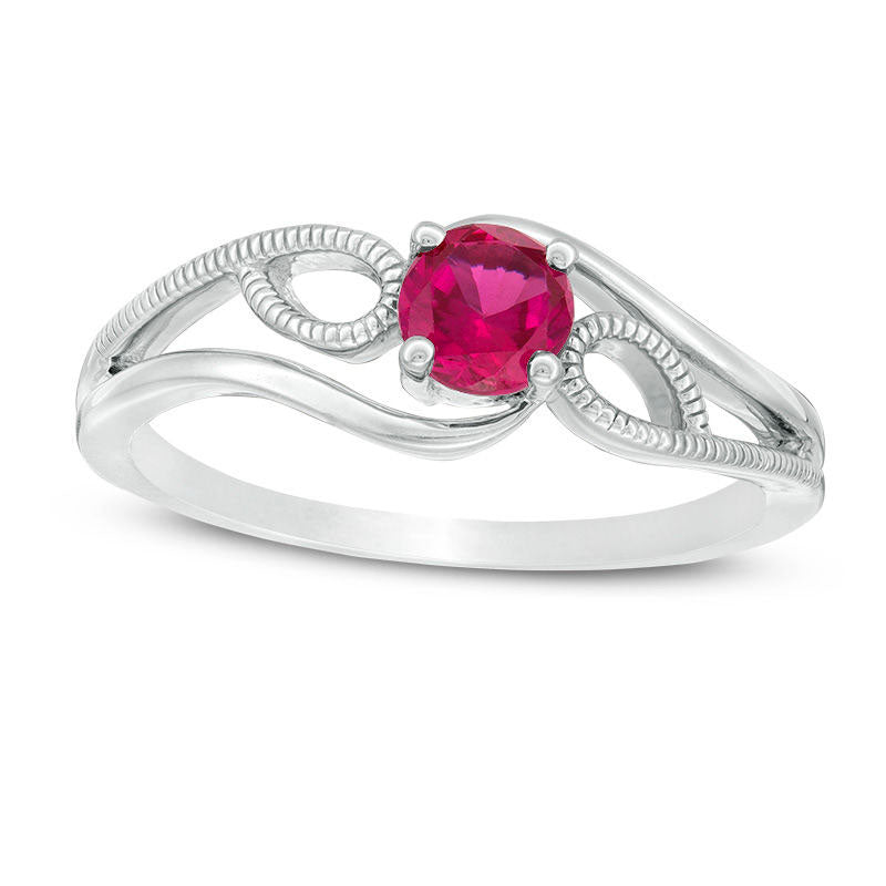 Image of ID 1 40mm Lab-Created Ruby Solitaire Textured Loop Bypass Split Shank Promise Ring in Sterling Silver