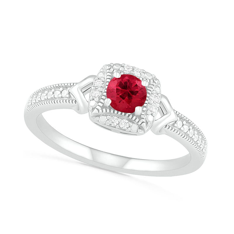 Image of ID 1 40mm Lab-Created Ruby and 005 CT TW Diamond Cushion Frame Chevron Side Accent Antique Vintage-Style Ring in Sterling Silver