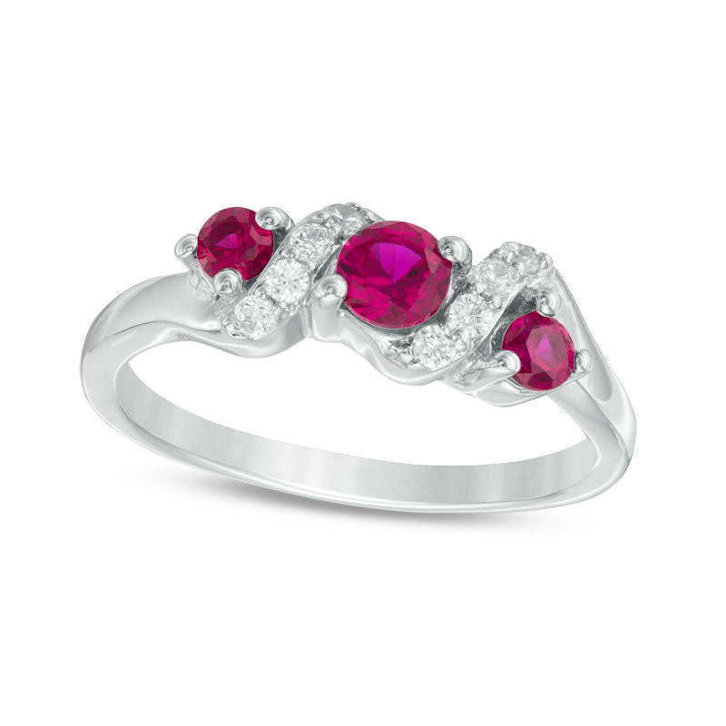 Image of ID 1 40mm Lab-Created Ruby and 010 CT TW Diamond Overlay Three Stone Ring in Sterling Silver