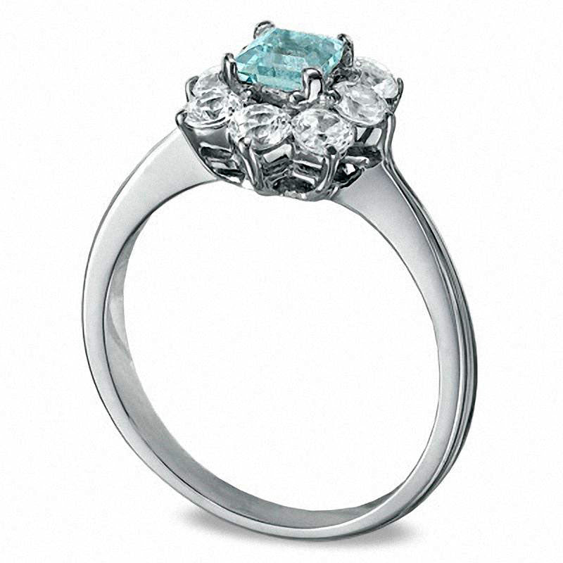 Image of ID 1 40mm Princess-Cut Aquamarine and Lab-Created White Sapphire Flower Ring in Solid 10K White Gold