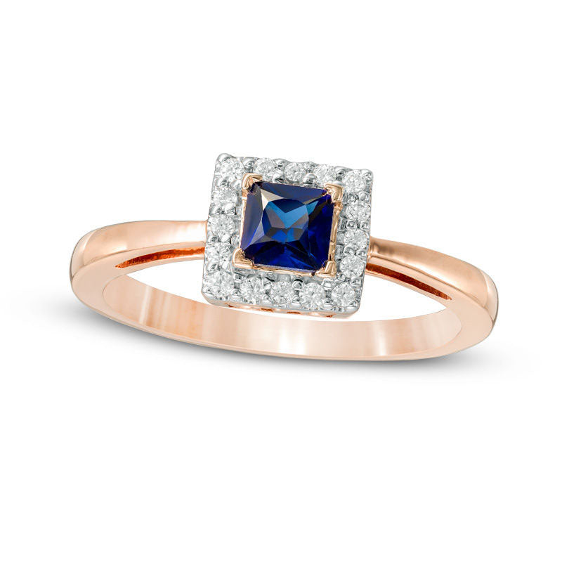 Image of ID 1 40mm Princess-Cut Lab-Created Blue Sapphire and 010 CT TW Diamond Square Frame Engagement Ring in Solid 10K Rose Gold