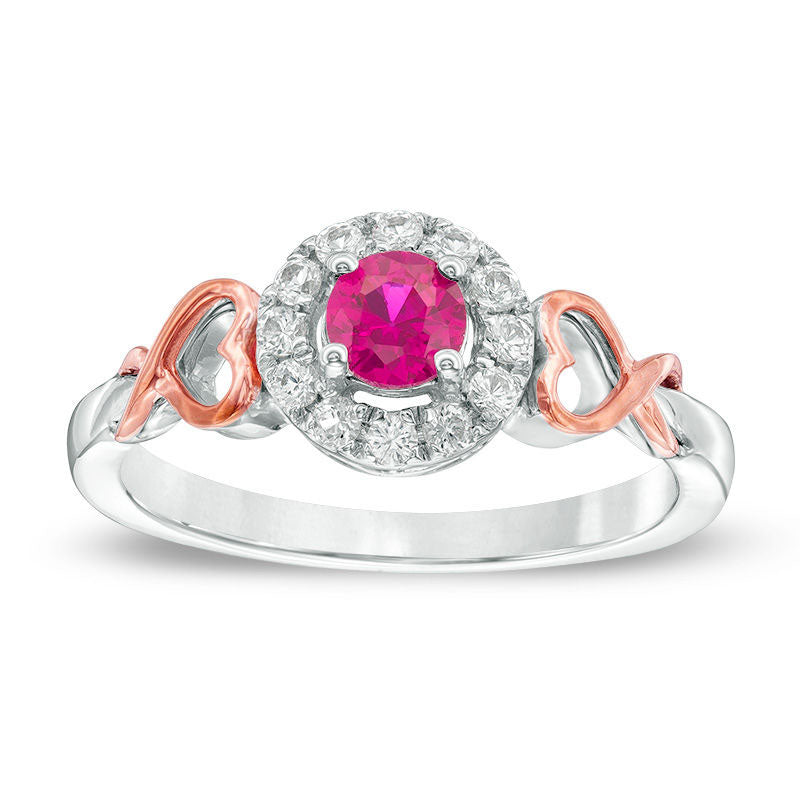 Image of ID 1 43mm Lab-Created Ruby and White Sapphire Frame Heart-Shaped Ribbon Ring in Sterling Silver and Solid 10K Rose Gold