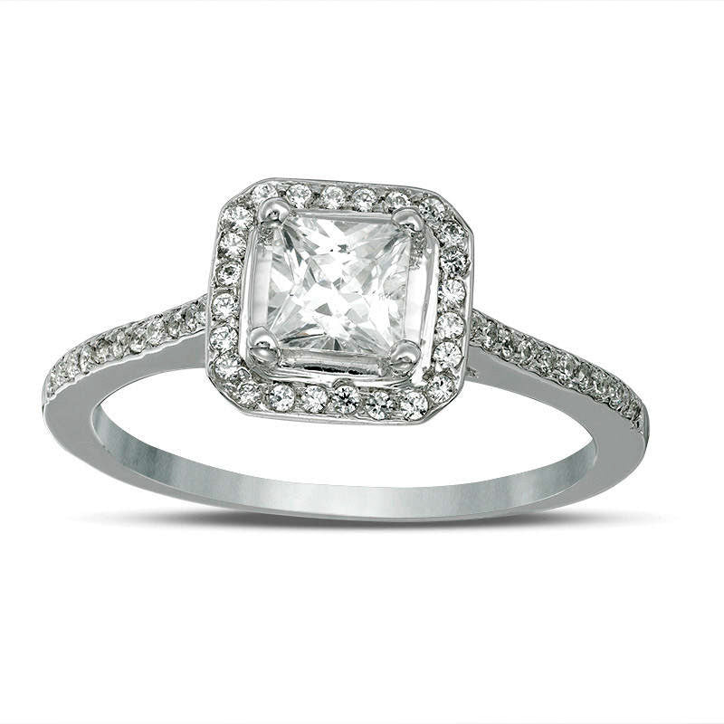 Image of ID 1 43mm Princess-Cut Lab-Created White Sapphire and 017 CT TW Diamond Frame Engagement Ring in Solid 10K White Gold