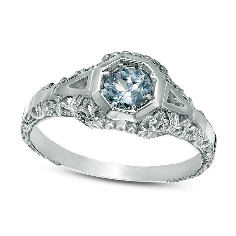 Image of ID 1 45mm Aquamarine Geometric Frame Antique Vintage-Style Ring in Solid 10K White Gold
