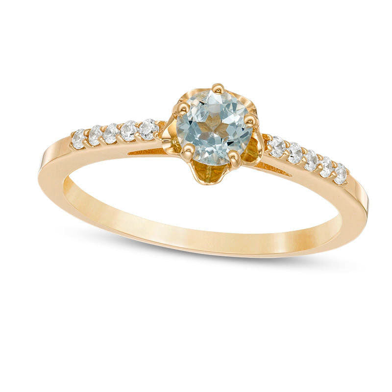 Image of ID 1 45mm Aquamarine and 007 CT TW Natural Diamond Flower Ring in Solid 10K Yellow Gold