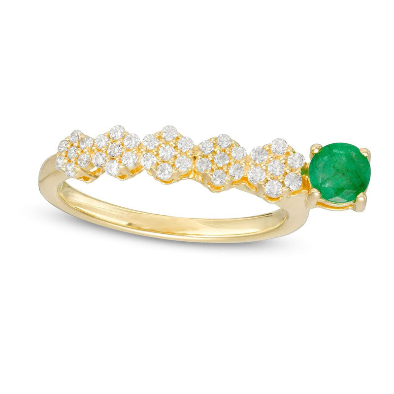 Image of ID 1 45mm Emerald and White Sapphire Floral Cluster Bar Ring in Solid 10K Yellow Gold