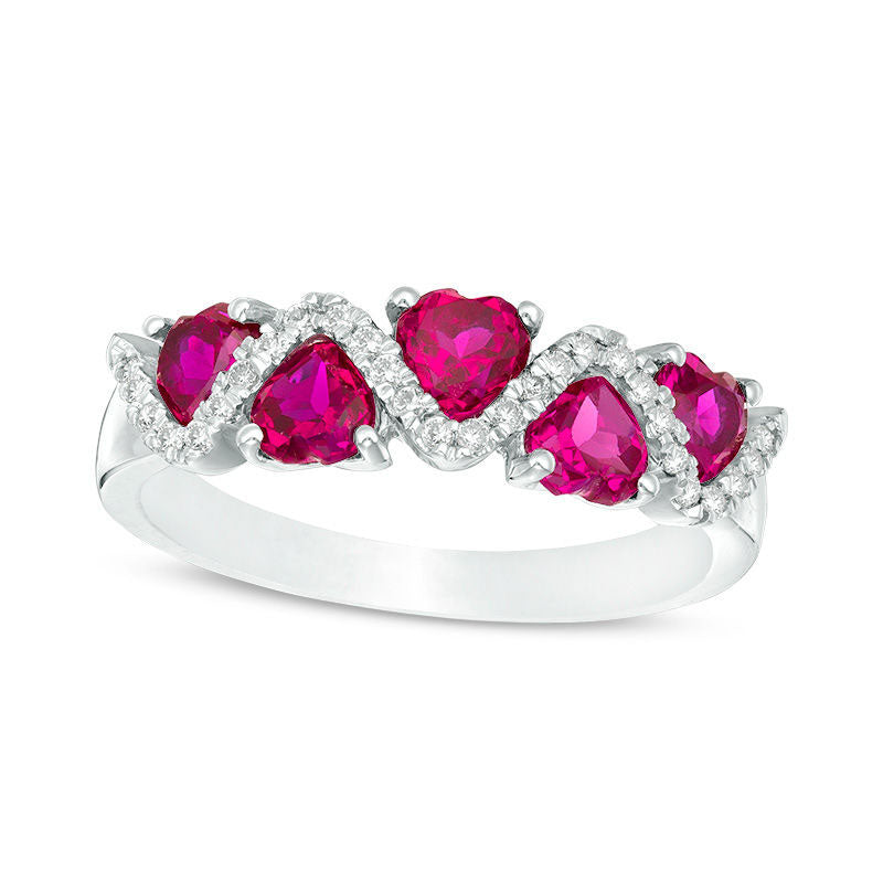 Image of ID 1 45mm Heart-Shaped Lab-Created Ruby and 007 CT TW Diamond Zig-Zag Motif Ring in Solid 10K White Gold