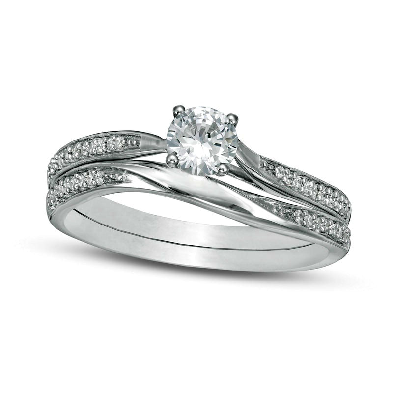 Image of ID 1 45mm Lab-Created White Sapphire and 013 CT TW Diamond Waves Bridal Engagement Ring Set in Solid 10K White Gold