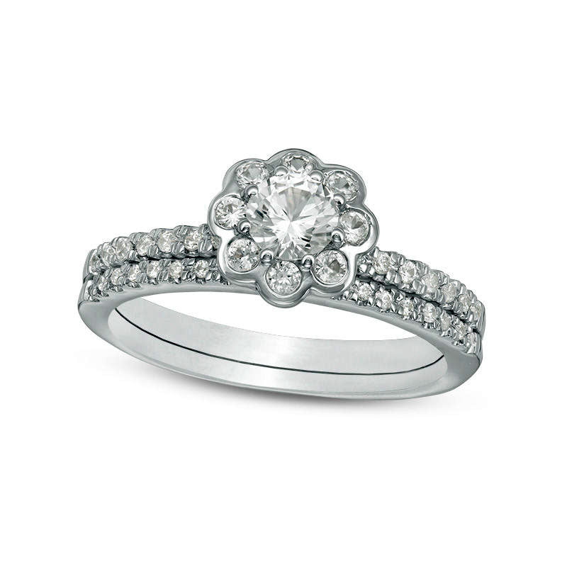 Image of ID 1 45mm Lab-Created White Sapphire and 017 CT TW Diamond Flower Bridal Engagement Ring Set in Sterling Silver