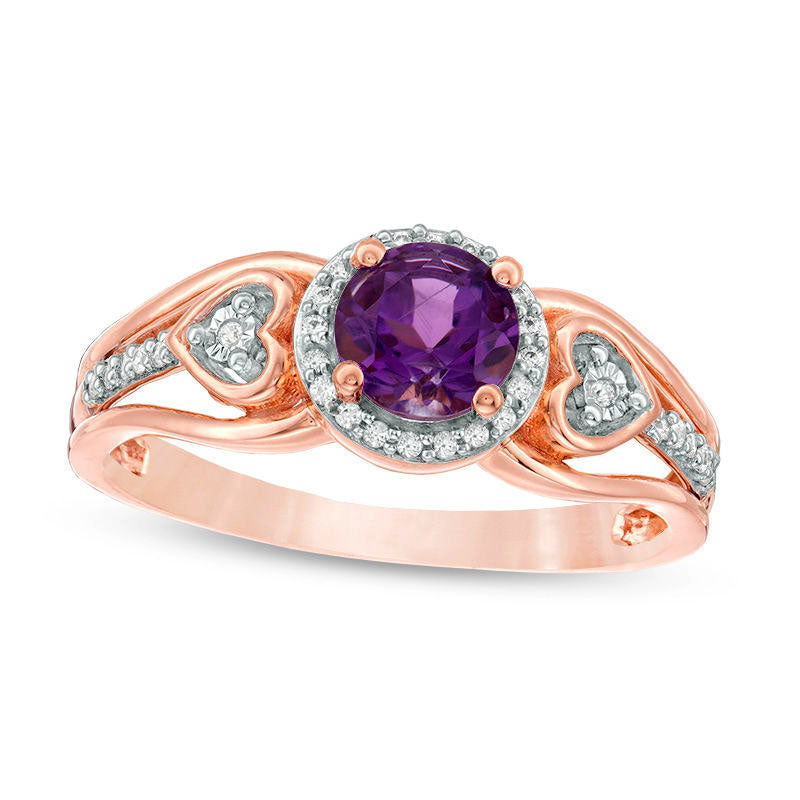 Image of ID 1 50mm Amethyst and 010 CT TW Natural Diamond Frame Heart Side Accent Split Shank Promise Ring in Solid 10K Rose Gold