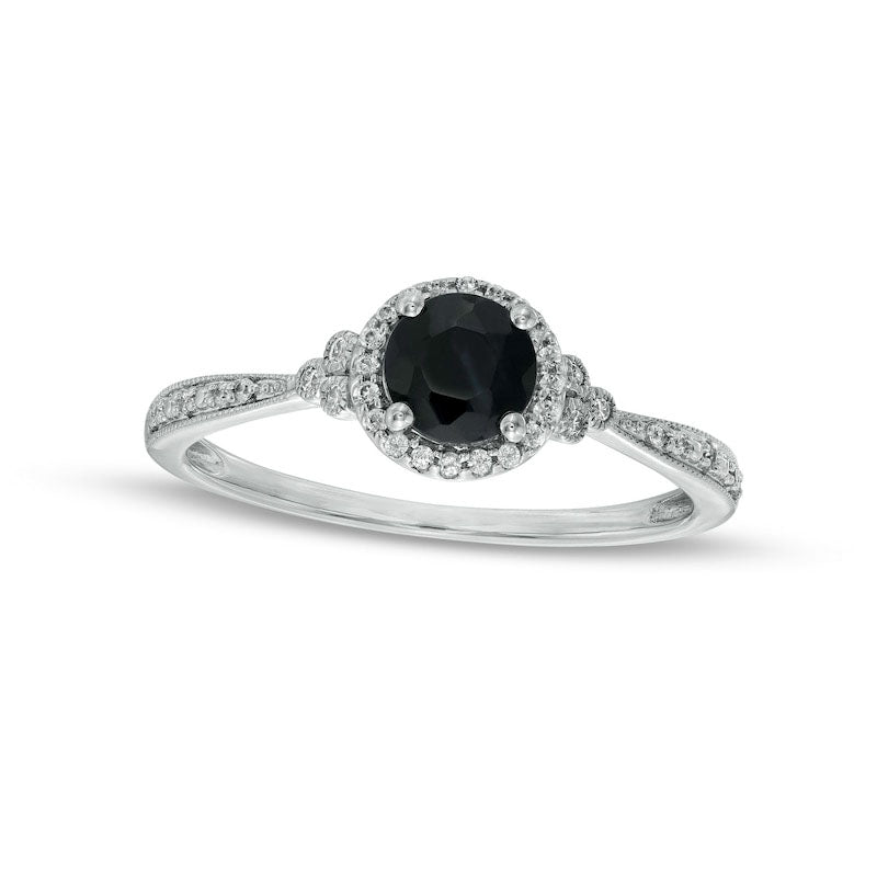 Image of ID 1 50mm Black Sapphire and 010 CT TW Natural Diamond Framed Tri-Sides Antique Vintage-Style Engagement Ring in Solid 10K White Gold