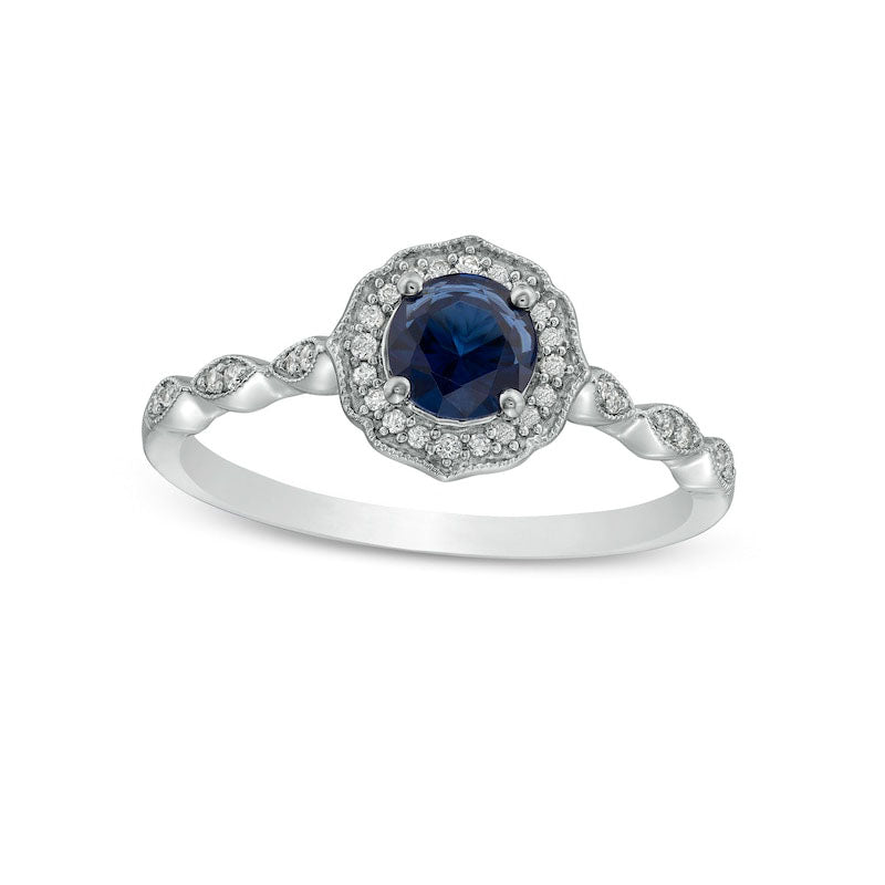 Image of ID 1 50mm Blue Lab-Created Sapphire and 010 CT TW Diamond Quatrefoil Frame Art Deco Engagement Ring in Sterling Silver