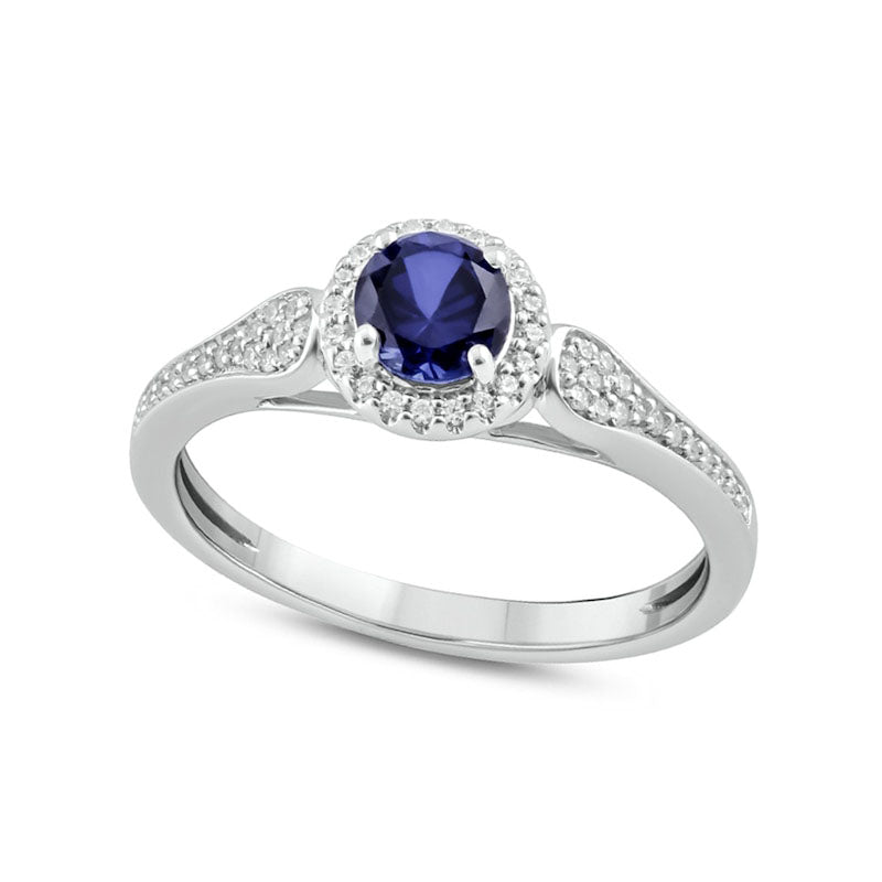 Image of ID 1 50mm Blue Lab-Created Sapphire and 013 CT TW Diamond Frame Leaf Accent Loop Shank Ring in Sterling Silver