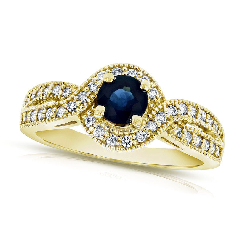 Image of ID 1 50mm Blue Sapphire and 033 CT TW Natural Diamond Bypass Frame Split Shank Antique Vintage-Style Engagement Ring in Solid 14K Gold