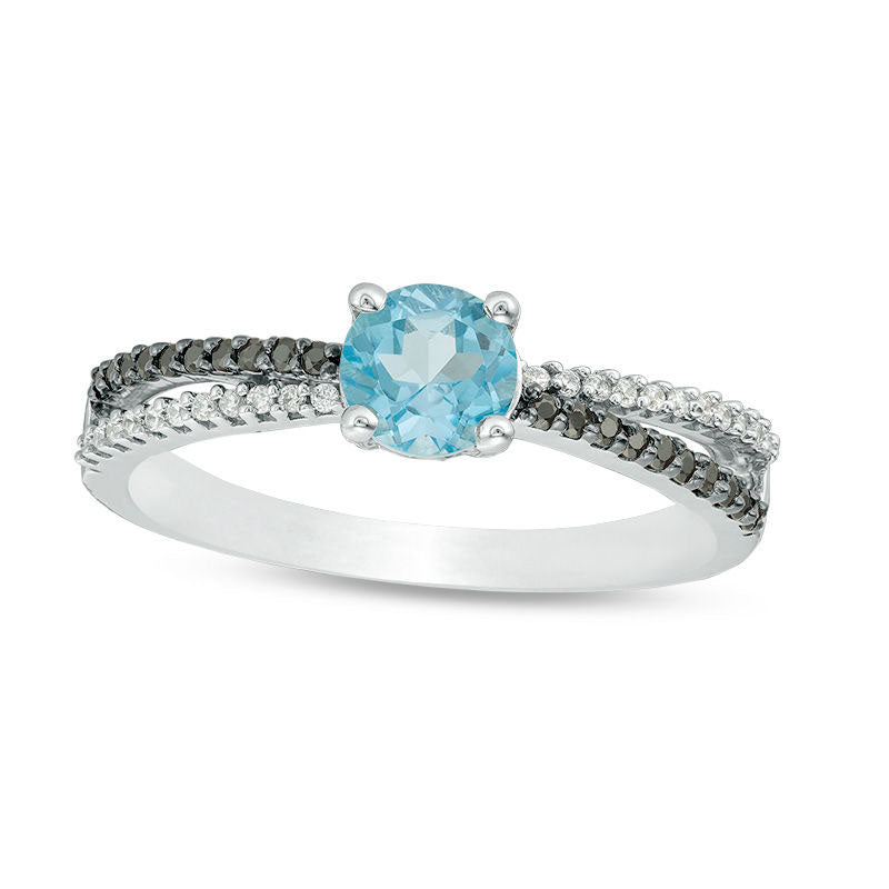 Image of ID 1 50mm Blue Topaz and 013 CT TW Enhanced Black and White Natural Diamond Criss-Cross Ring in Sterling Silver