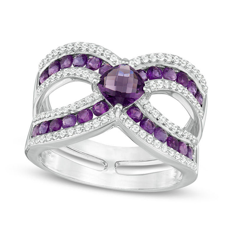 Image of ID 1 50mm Cushion-Cut Amethyst and Lab-Created White Sapphire Split Shank Ring in Sterling Silver