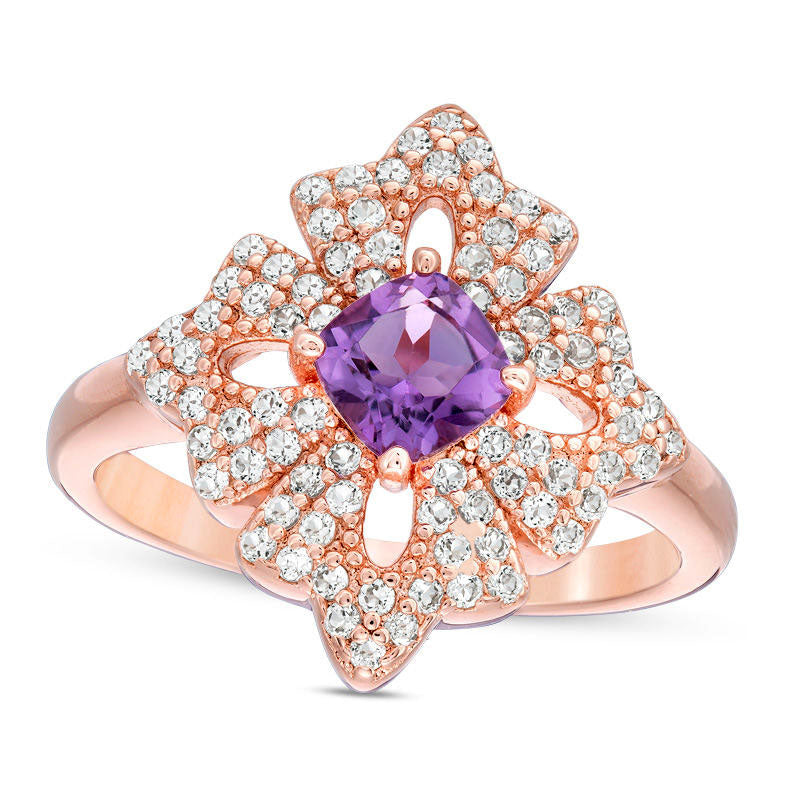 Image of ID 1 50mm Cushion-Cut Amethyst and White Topaz Floral Ring in Sterling Silver with Solid 18K Rose Gold Plate