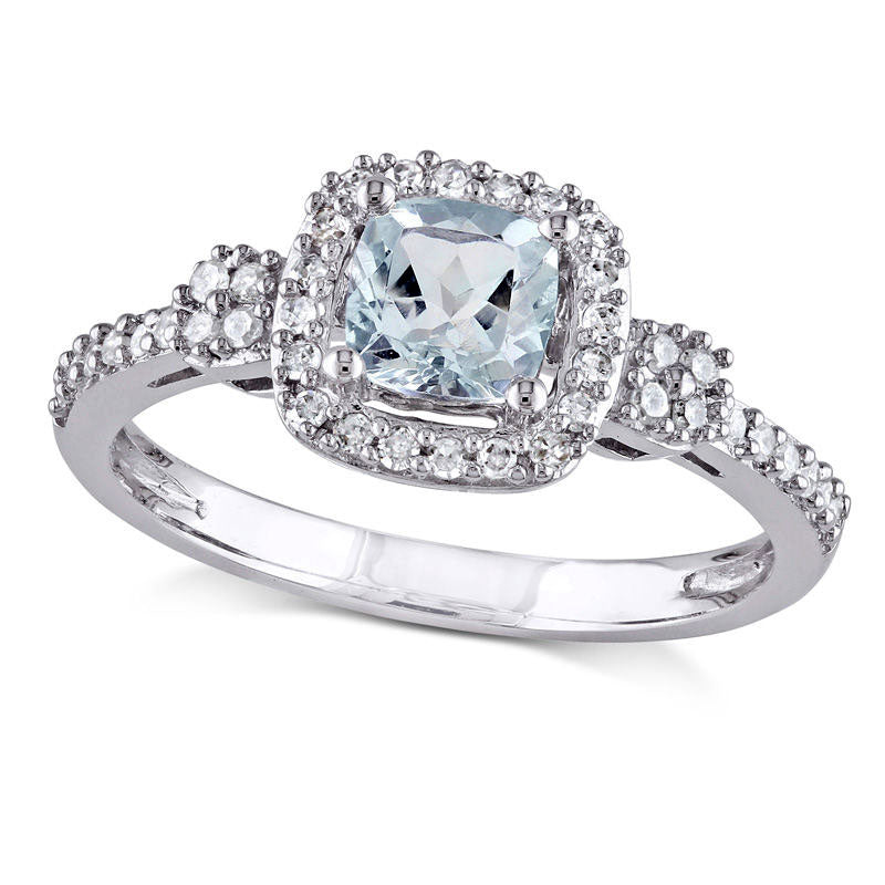 Image of ID 1 50mm Cushion-Cut Aquamarine and017 CT TW Natural Diamond Frame Ring in Solid 10K White Gold