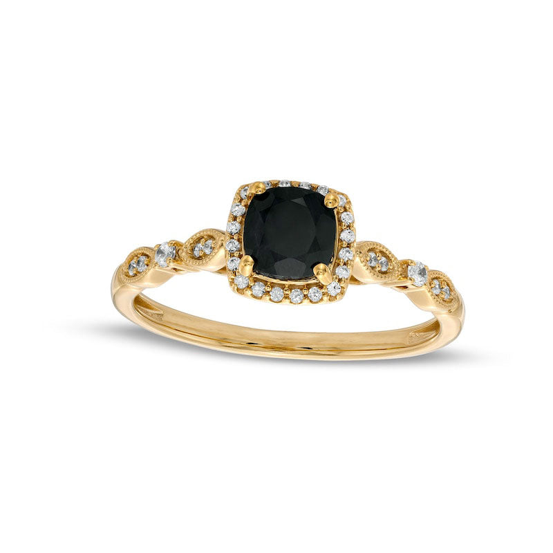 Image of ID 1 50mm Cushion-Cut Black Sapphire and 010 CT TW Natural Diamond Frame Art Deco Antique Vintage-Style Engagement Ring in Solid 10K Yellow Gold