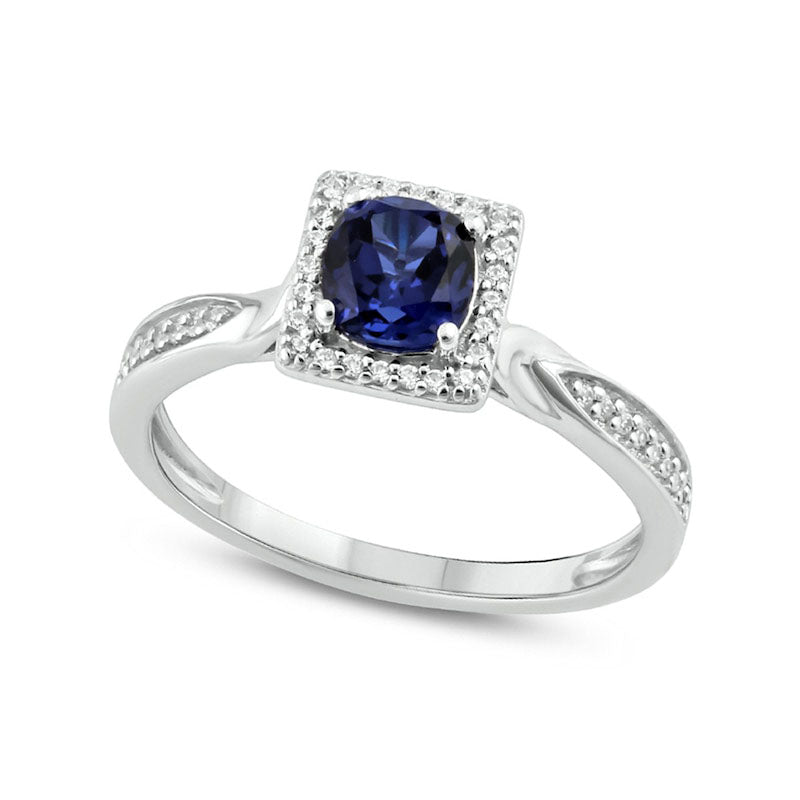 Image of ID 1 50mm Cushion-Cut Blue Lab-Created Sapphire and 013 CT TW Diamond Frame Engagement Ring in Sterling Silver