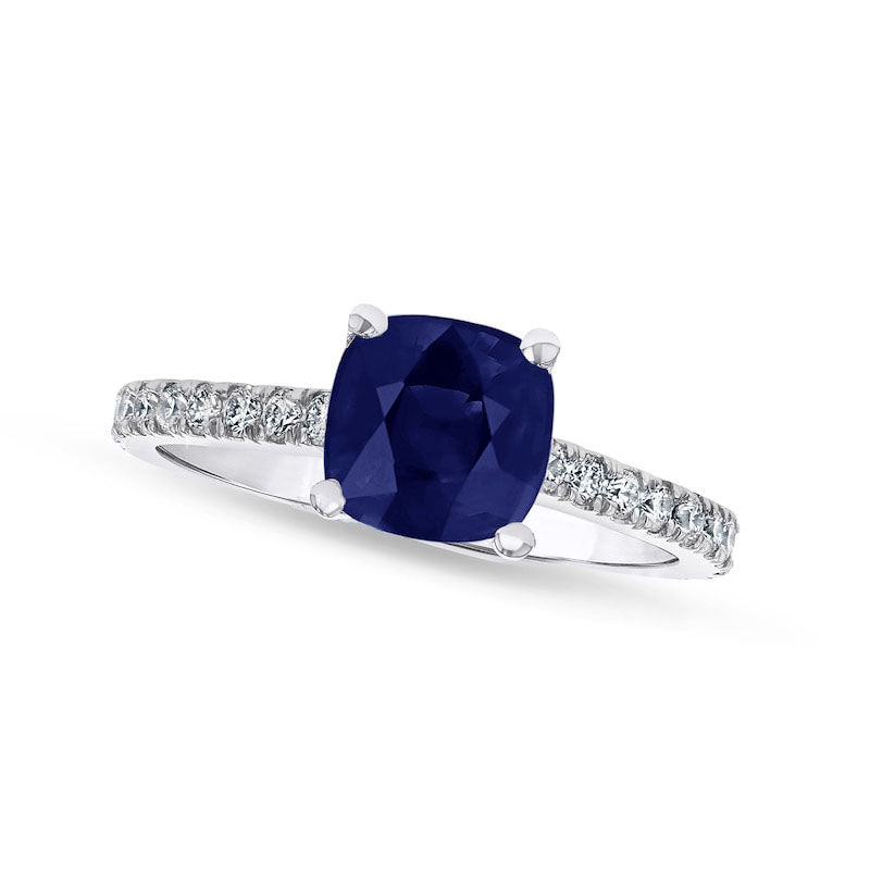 Image of ID 1 50mm Cushion-Cut Blue Sapphire and 033 CT TW Natural Diamond Ring in Solid 14K White Gold
