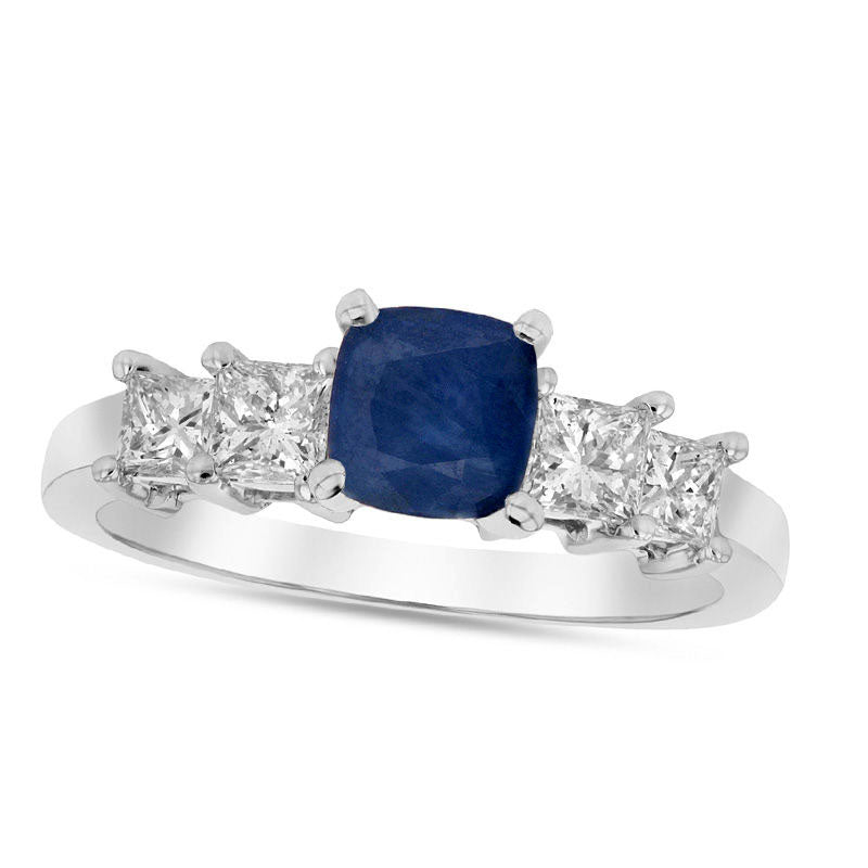 Image of ID 1 50mm Cushion-Cut Blue Sapphire and 063 CT TW Princess-Cut Natural Diamond Engagement Ring in Solid 14K White Gold