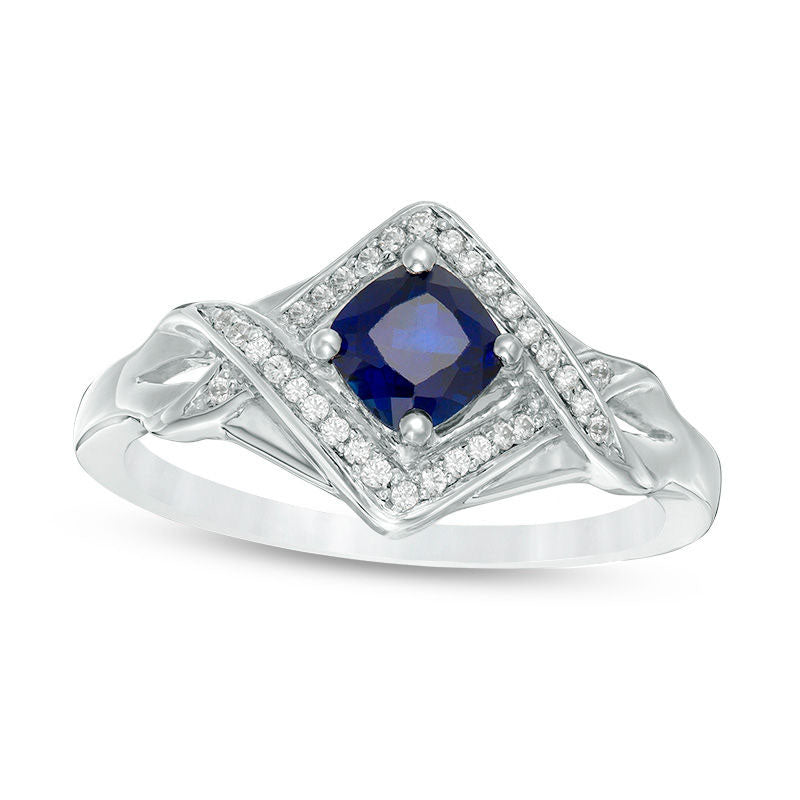 Image of ID 1 50mm Cushion-Cut Lab-Created Blue Sapphire and 010 CT TW Diamond Tilted Frame Ring in Sterling Silver