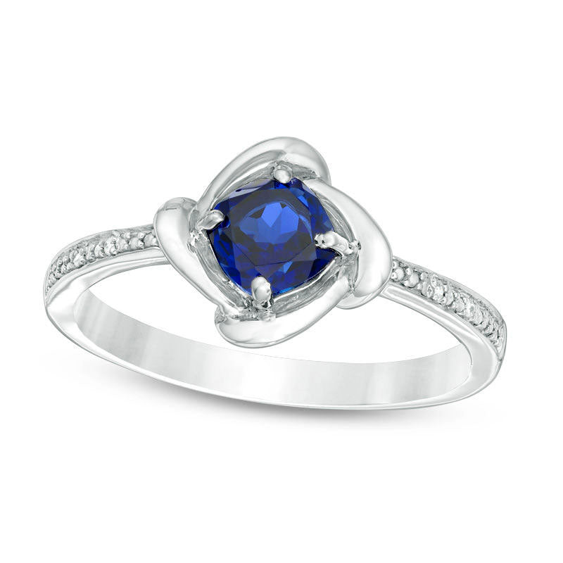 Image of ID 1 50mm Cushion-Cut Lab-Created Blue Sapphire and Diamond Accent Swirl Frame Ring in Sterling Silver
