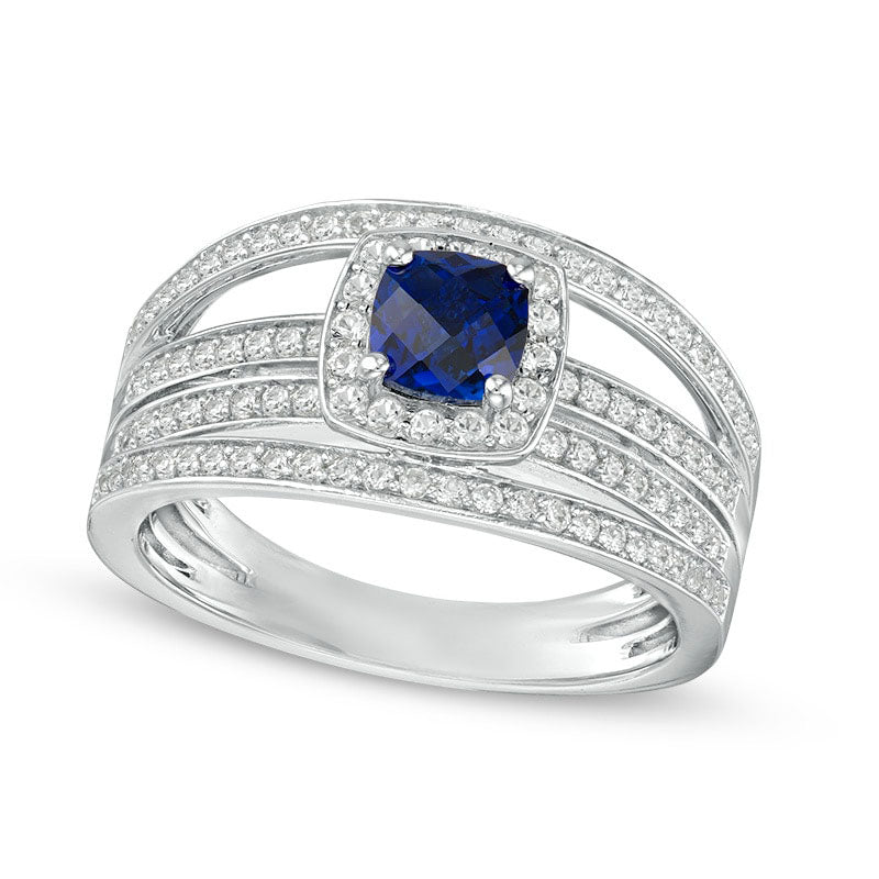 Image of ID 1 50mm Cushion-Cut Lab-Created Blue and White Sapphire Frame Multi-Row Ring in Sterling Silver