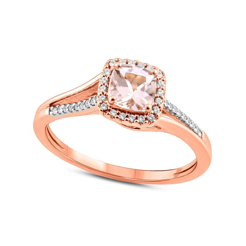 Image of ID 1 50mm Cushion-Cut Morganite and 013 CT TW Natural Diamond Frame Split Shank Engagement Ring in Solid 10K Rose Gold
