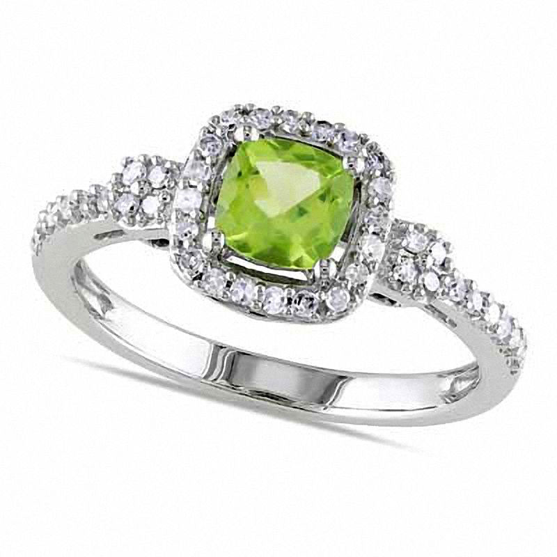 Image of ID 1 50mm Cushion-Cut Peridot and 020 CT TW Natural Diamond Frame Ring in Solid 10K White Gold
