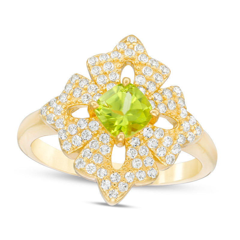 Image of ID 1 50mm Cushion-Cut Peridot and White Topaz Floral Ring in Sterling Silver with Solid 18K Gold Plate