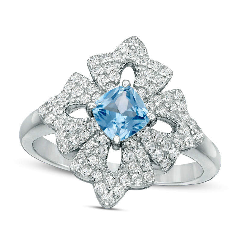 Image of ID 1 50mm Cushion-Cut Simulated Aquamarine and Lab-Created White Topaz Floral Ring in Sterling Silver