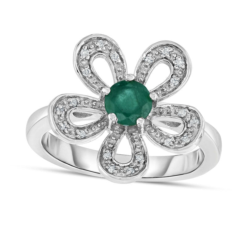 Image of ID 1 50mm Emerald and 005 CT TW Natural Diamond Open Flower Ring in Sterling Silver