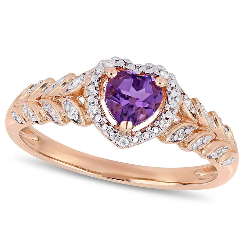 Image of ID 1 50mm Heart-Shaped Amethyst and 005 CT TW Natural Diamond Beaded Frame Leaf Shank Ring in Solid 10K Rose Gold