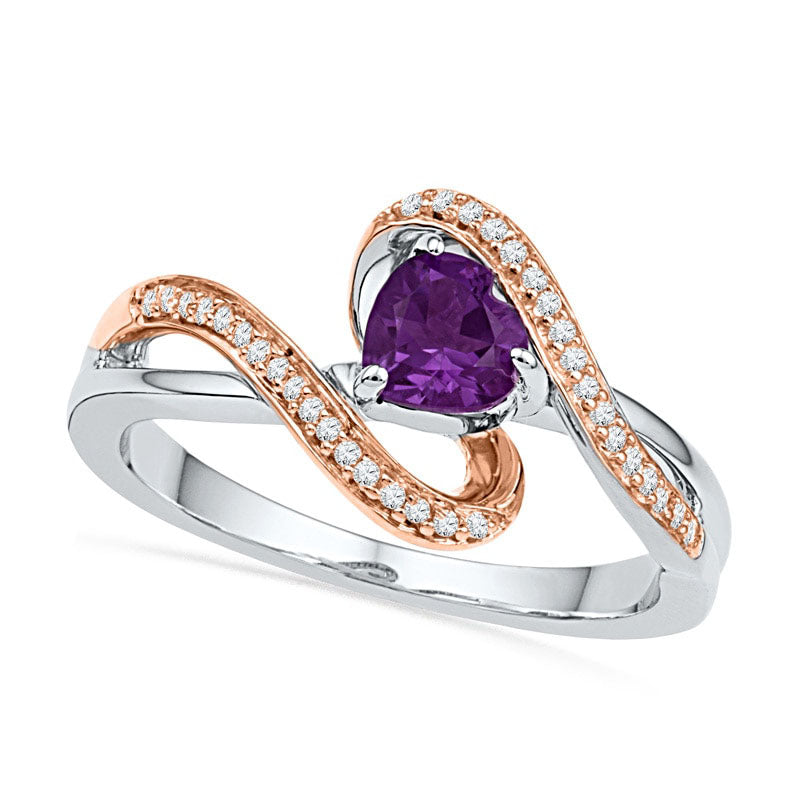 Image of ID 1 50mm Heart-Shaped Amethyst and 010 CT TW Natural Diamond Ring in Sterling Silver and Solid 10K Rose Gold