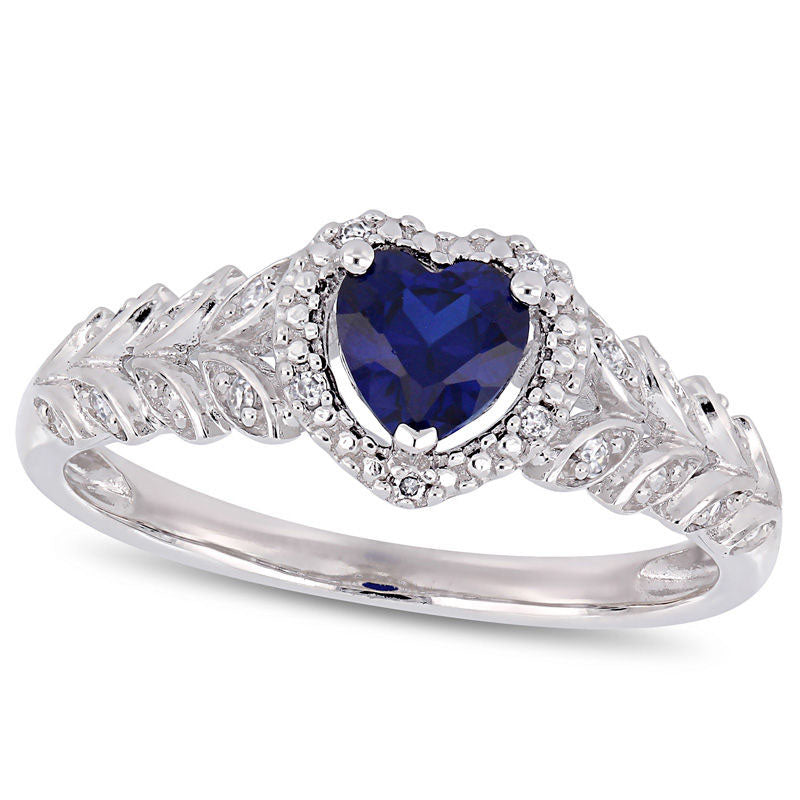 Image of ID 1 50mm Heart-Shaped Lab-Created Blue Sapphire and 005 CT TW Diamond Beaded Frame Leaf Shank Ring in Solid 10K White Gold