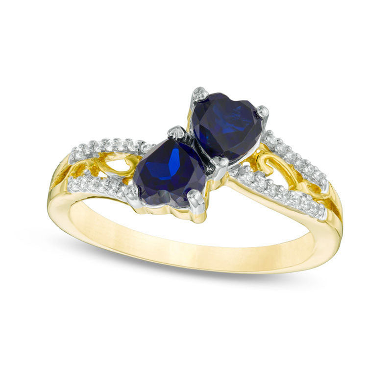 Image of ID 1 50mm Heart-Shaped Lab-Created Blue Sapphire and Diamond Accent Mirrored Split Shank Scroll Ring in Solid 10K Yellow Gold