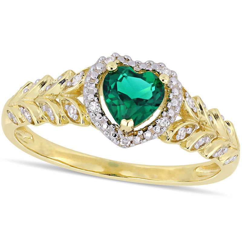 Image of ID 1 50mm Heart-Shaped Lab-Created Emerald and 005 CT TW Diamond Beaded Frame Leaf Shank Ring in Solid 10K Yellow Gold